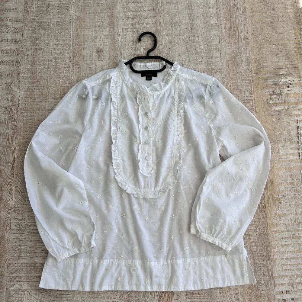 J.Crew Floral Eyelet Ruffled White Bib Front Long Sleeve Top Size Small.